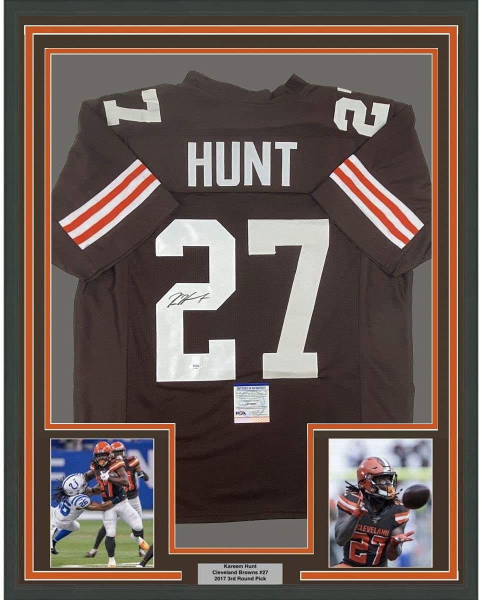Framed Autographed/Signed Kareem Hunt 35x39 Cleveland Brown Football Jersey PSA/DNA COA
