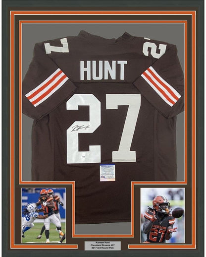 Framed Autographed/Signed Kareem Hunt 35x39 Cleveland Brown Football Jersey PSA/DNA COA