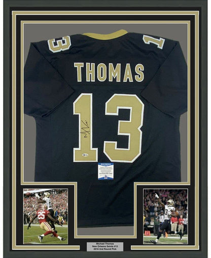 Framed Autographed/Signed Michael Thomas 35x39 New Orleans Black Football Jersey Beckett BAS COA
