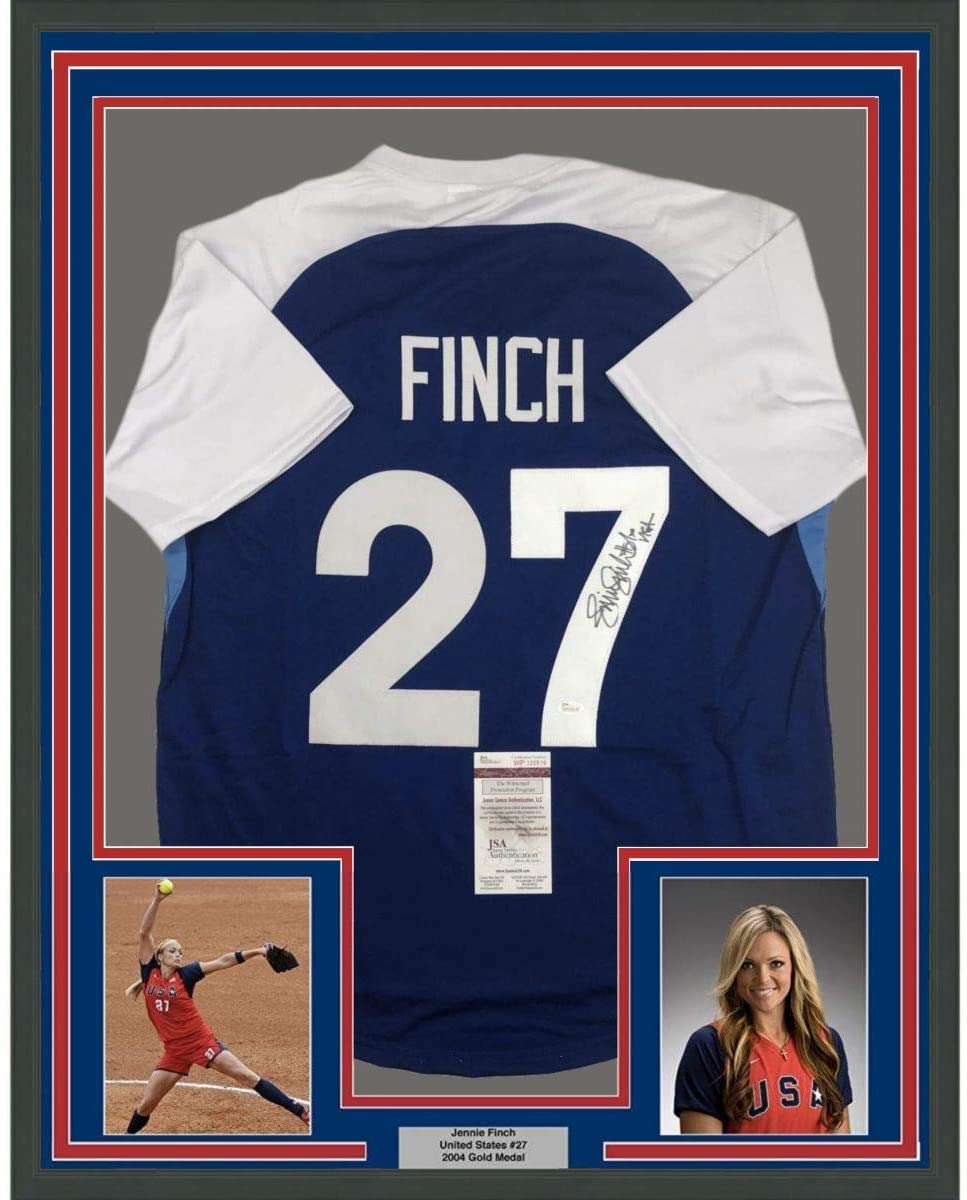 Framed Autographed/Signed Jennie Finch USA 35x39 Blue Team United States Softball Jersey JSA COA
