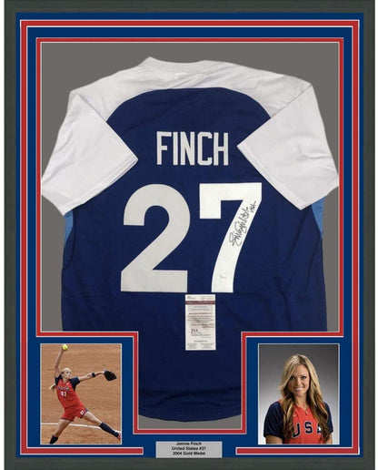 Framed Autographed/Signed Jennie Finch USA 35x39 Blue Team United States Softball Jersey JSA COA