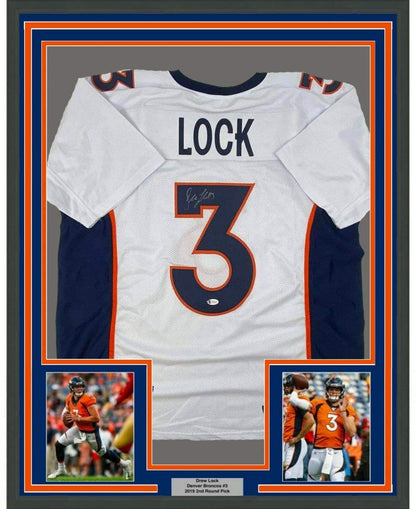 Framed Autographed/Signed Drew Lock Denver White Football Jersey Beckett BAS COA