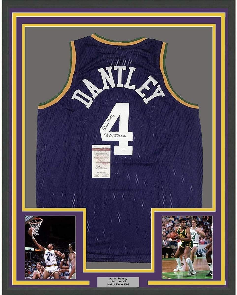 Framed Autographed/Signed Adrian Dantley"HOF 2008" 35x39 Utah Purple Basketball Jersey JSA COA
