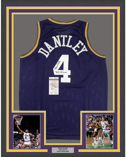 Framed Autographed/Signed Adrian Dantley"HOF 2008" 35x39 Utah Purple Basketball Jersey JSA COA