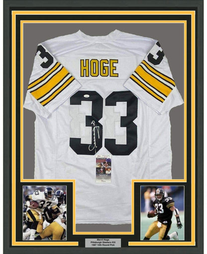 Framed Autographed/Signed Merril Hoge 35x39 Pittsburgh White Football Jersey JSA COA