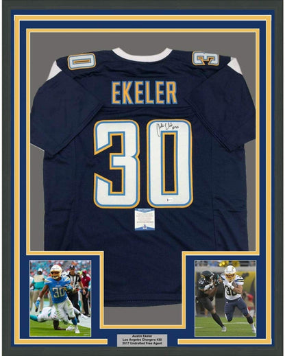 Framed Autographed/Signed Austin Ekeler 35x39 Los Angeles LA Dark Blue Football Jersey Beckett BAS COA