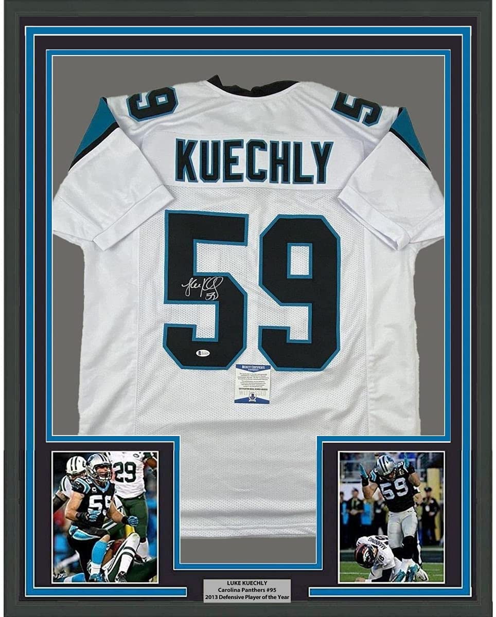 Framed Autographed/Signed Luke Kuechly 35x39 Carolina White Football Jersey Beckett BAS COA