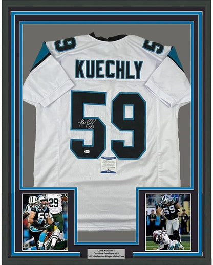 Framed Autographed/Signed Luke Kuechly 35x39 Carolina White Football Jersey Beckett BAS COA