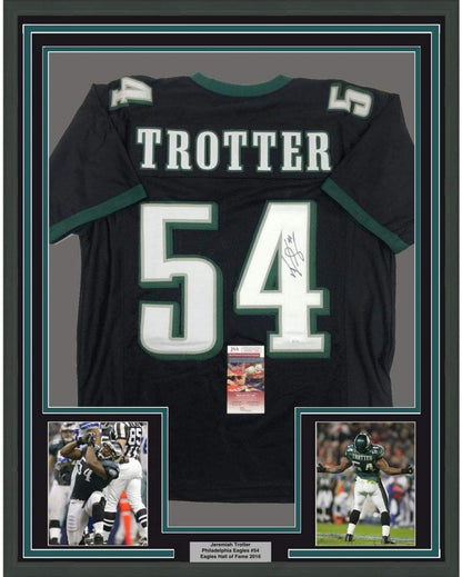 Framed Autographed/Signed Jeremiah Trotter 35x39 Philadelphia Black Football Jersey JSA COA