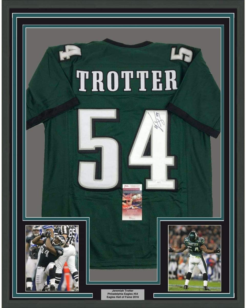 Framed Autographed/Signed Jeremiah Trotter 35x39 Philadelphia Green Football Jersey JSA COA