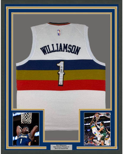 Framed Autographed/Signed Zion Williamson 35x39 New Orleans White Basketball Jersey PSA/DNA COA Holo Only
