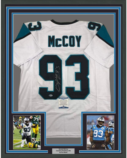 Framed Autographed/Signed Gerald McCoy 35x39 Carolina White Football Jersey Beckett BAS COA