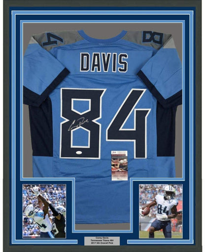 Framed Autographed/Signed Corey Davis 35x39 Tennessee 2018 Powder Blue Football Jersey JSA COA