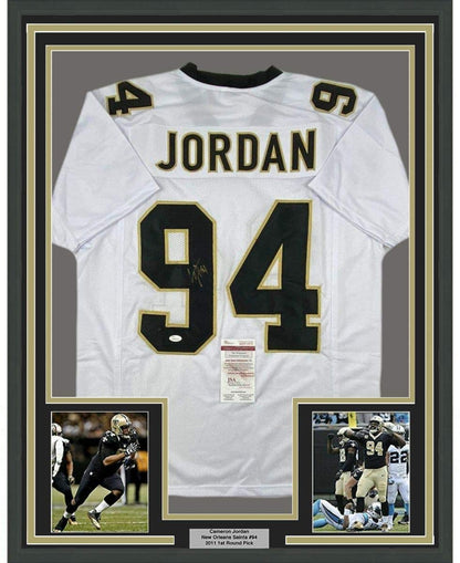 Framed Autographed/Signed Cam Cameron Jordan 35x39 New Orleans White Football Jersey JSA COA