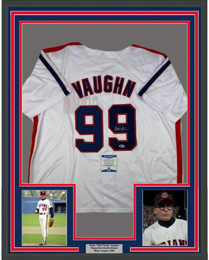 Framed Autographed/Signed Charlie Sheen 35x39 Wild Thing Ricky Vaughn Major League Movie Baseball Jersey Beckett BAS COA