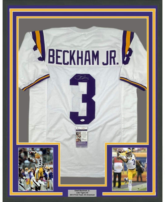 Framed Autographed/Signed Odell Beckham Jr. 35x39 LSU White College Football Jersey JSA COA