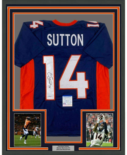 Framed Autographed/Signed Courtland Sutton 35x39 Denver Blue Football Jersey PSA/DNA COA