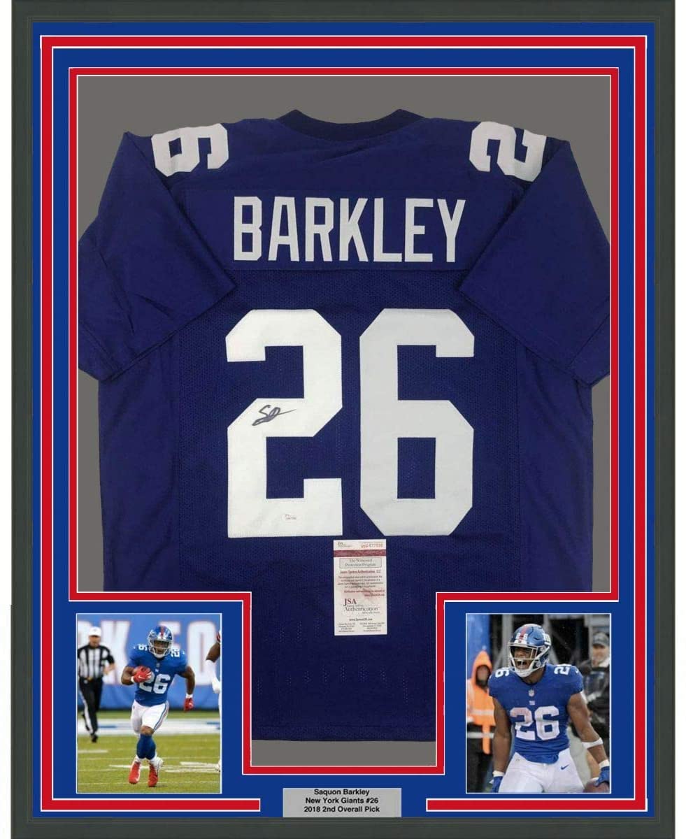 Framed Autographed/Signed Saquon Barkley 35x39 New York Blue Football Jersey JSA COA