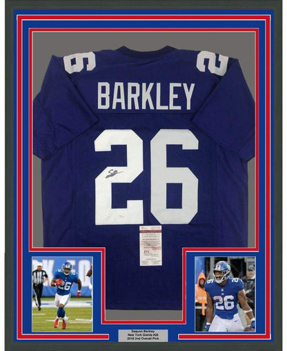 Framed Autographed/Signed Saquon Barkley 35x39 New York Blue Football Jersey JSA COA