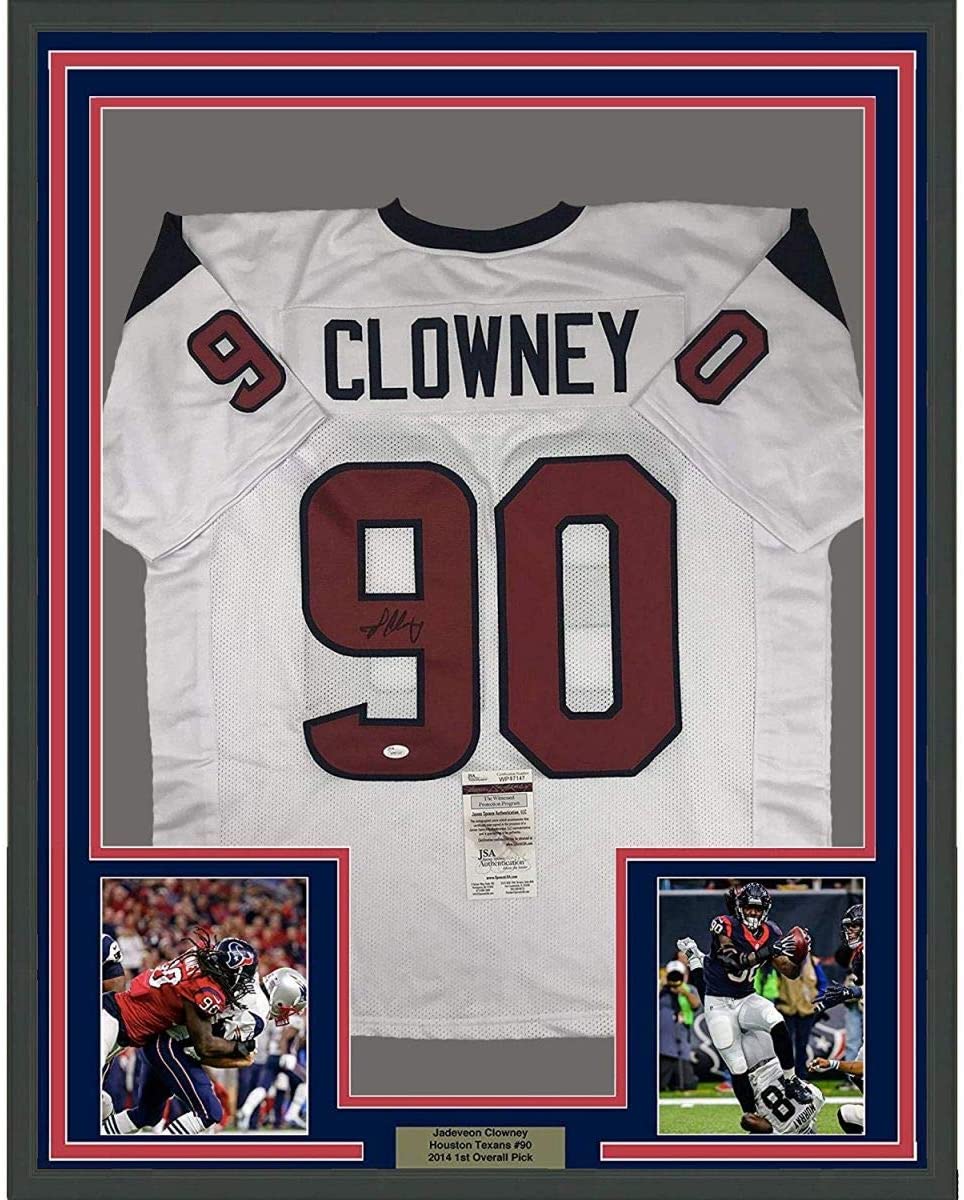 Framed Autographed/Signed Jadeveon Clowney 35x39 Houston White Football Jersey JSA COA