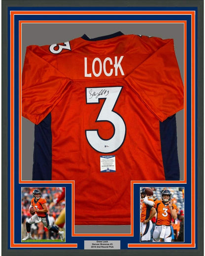 Framed Autographed/Signed Drew Lock Denver Orange Football Jersey Beckett BAS COA