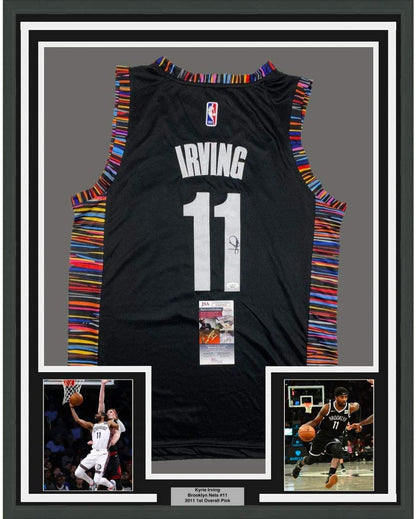 Framed Autographed/Signed Kyrie Irving 35x39 Brooklyn Black City Basketball Jersey JSA COA