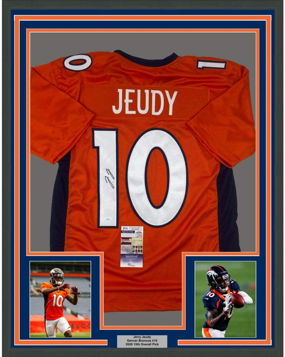 Framed Autographed/Signed Jerry Jeudy 35x39 Denver Orange Football Jersey JSA COA