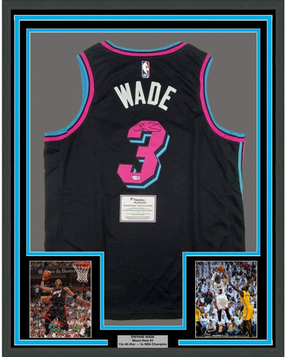Framed Autographed/Signed Dwyane Wade 35x39 Miami Heat Black Vice City Basketball Jersey Fanatics COA