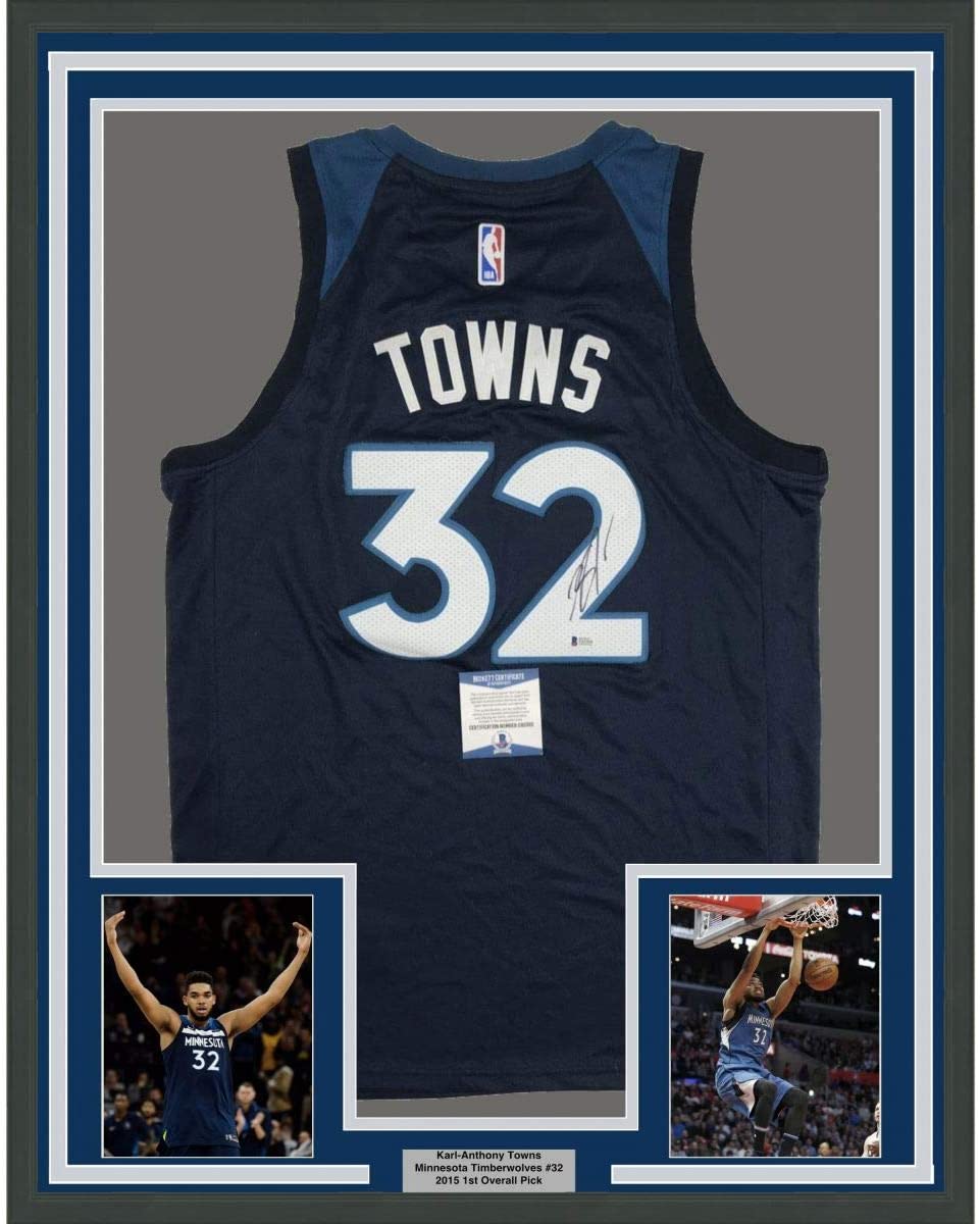 Framed Autographed/Signed Karl-Anthony Towns 35x39 Minnesota Blue Basketball Jersey Beckett BAS COA