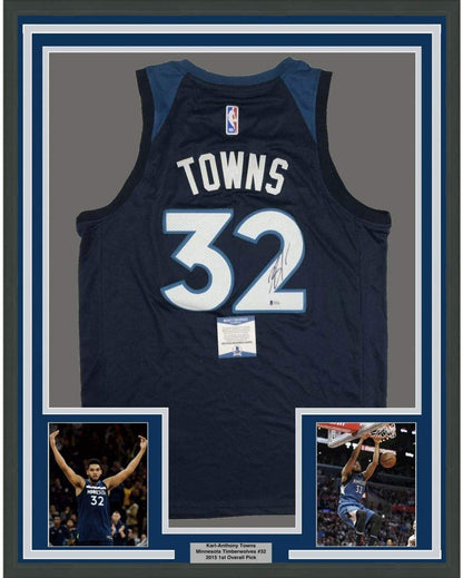 Framed Autographed/Signed Karl-Anthony Towns 35x39 Minnesota Blue Basketball Jersey Beckett BAS COA