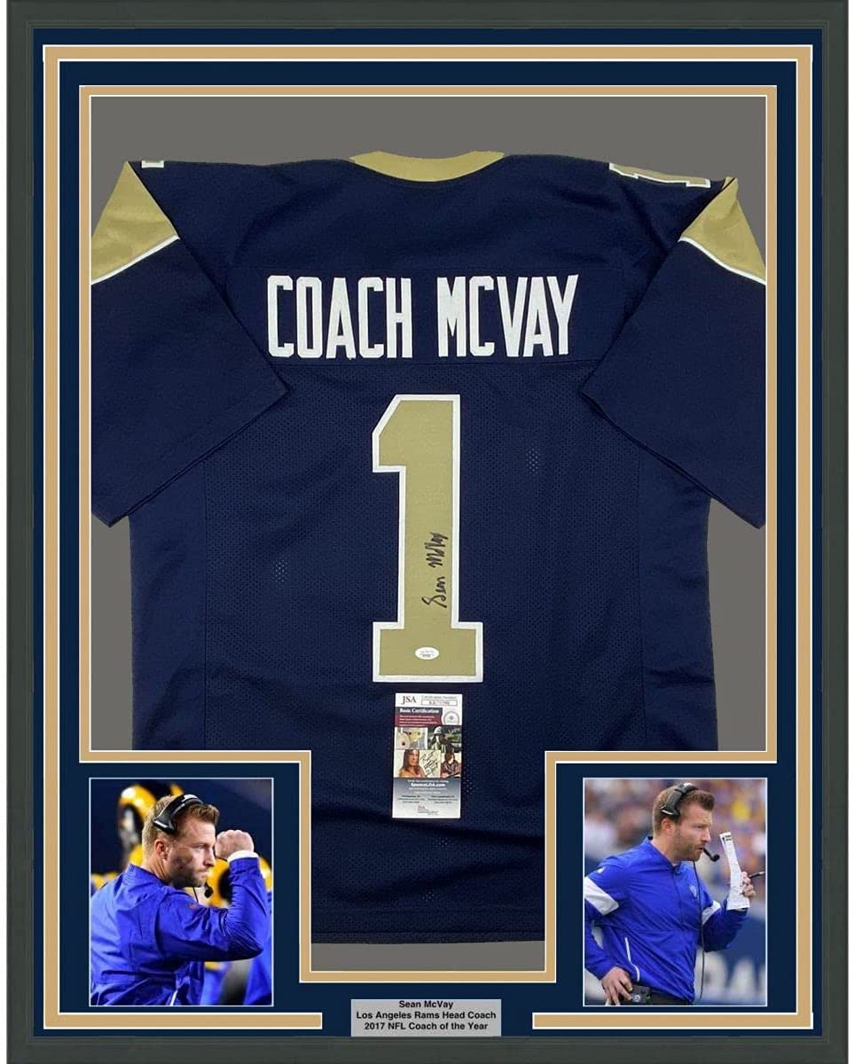 Framed Autographed/Signed Sean McVay 35x39 Los Angeles LA Dark Blue Football Jersey Beckett BAS COA