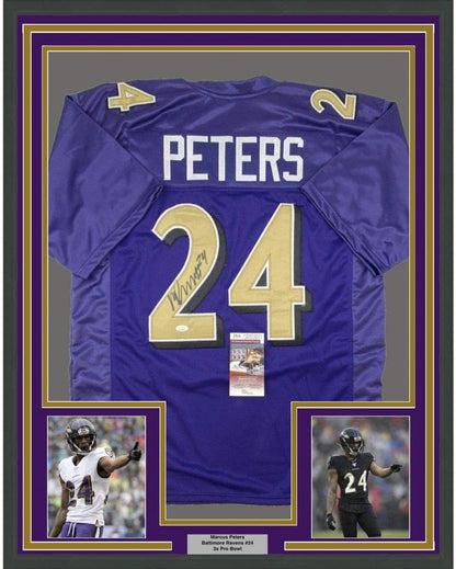 Framed Autographed/Signed Marcus Peters 35x39 Baltimore Color Rush Football Jersey JSA COA