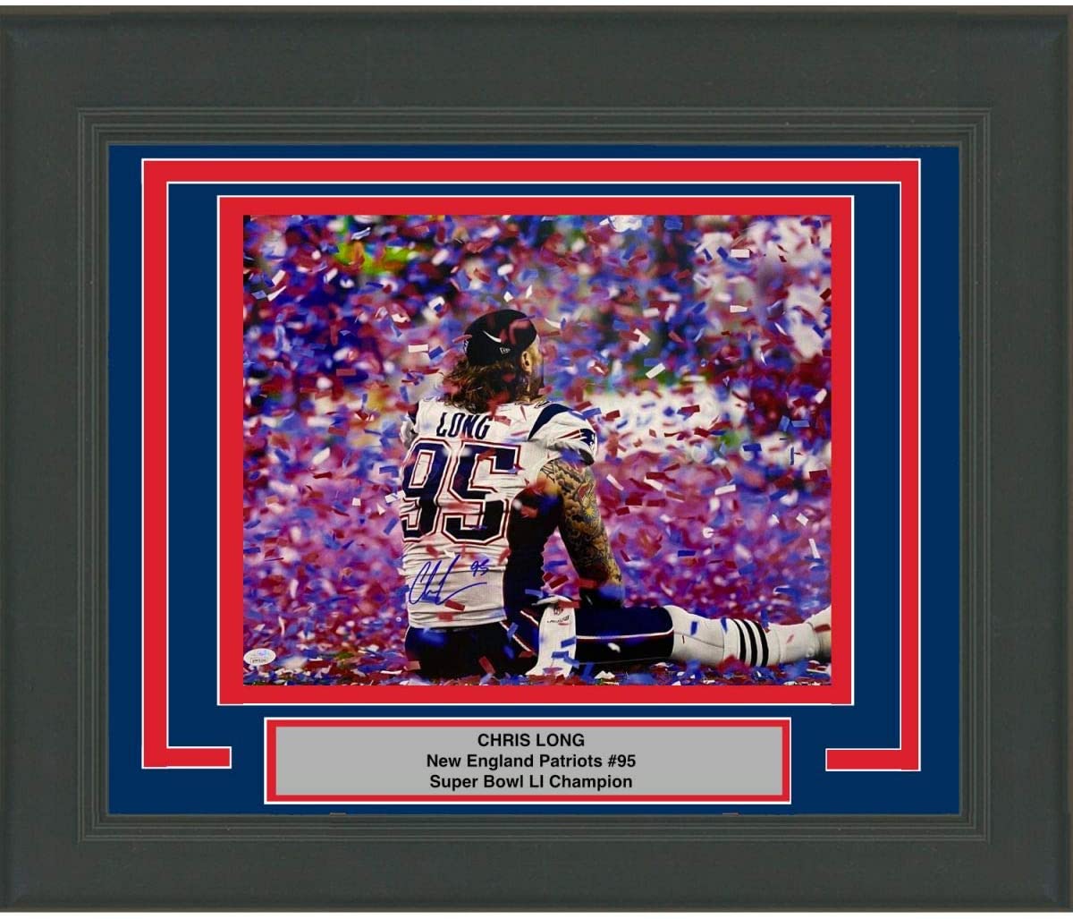 Framed Autographed/Signed Chris Long New England Patriots Super Bowl LI 51 Champions 16x20 Football Photo JSA COA