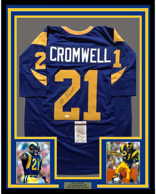 Framed Autographed/Signed Nolan Cromwell 35x39 Los Angeles LA Rams Blue Football Jersey JSA COA