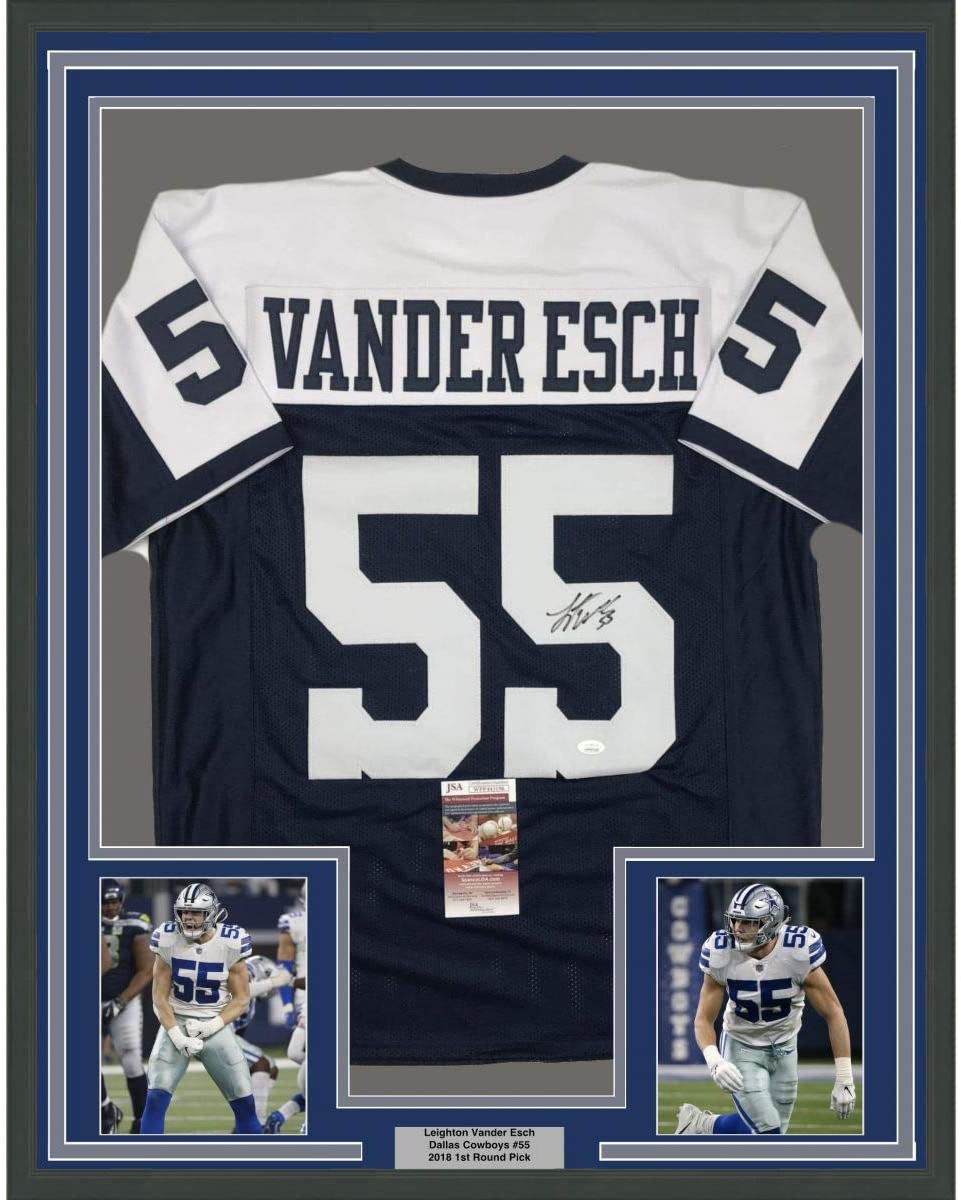 Framed Autographed/Signed Leighton Vander Esch 35x39 Dallas Thanksgiving Day Football Jersey JSA COA
