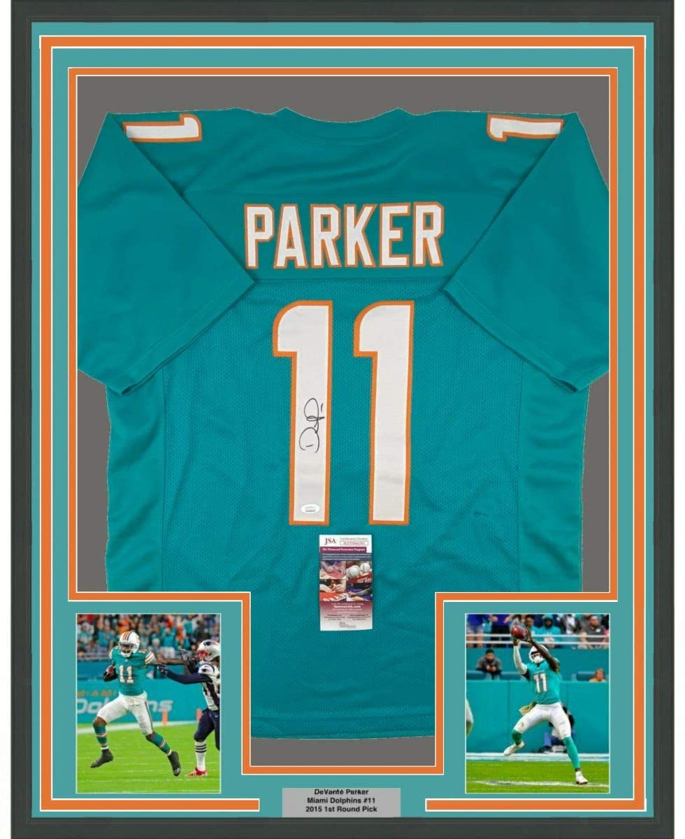 Framed Autographed/Signed Devante Parker 35x39 Miami Teal Football Jersey JSA COA
