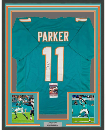 Framed Autographed/Signed Devante Parker 35x39 Miami Teal Football Jersey JSA COA