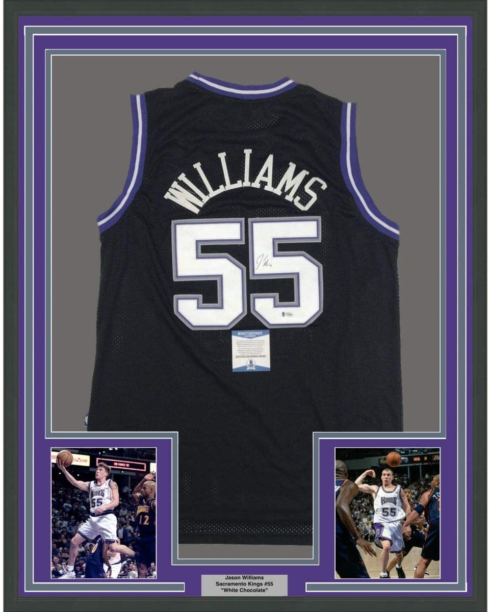 Framed Autographed/Signed Jason Williams 35x39 Sacramento Black Basketball Jersey Beckett BAS COA