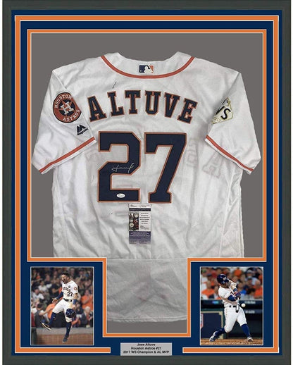 Framed Autographed/Signed Jose Altuve 35x39 Houston White Baseball Jersey JSA COA