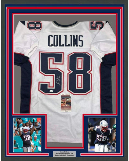 Framed Autographed/Signed Jamie Collins 35x39 New England White Football Jersey JSA COA