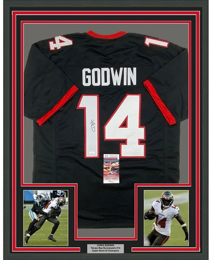 Framed Autographed/Signed Chris Godwin 35x39 Tampa Bay Pewter Football Jersey JSA COA