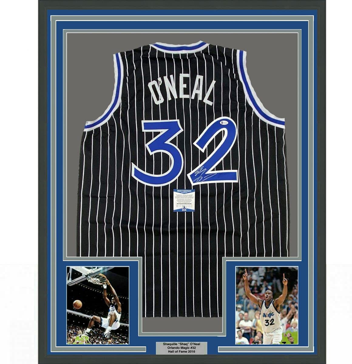 Framed Autographed/Signed Shaquille Shaq O'Neal 35x39 Orlando Black Pinstripe Basketball Jersey Beckett BAS COA