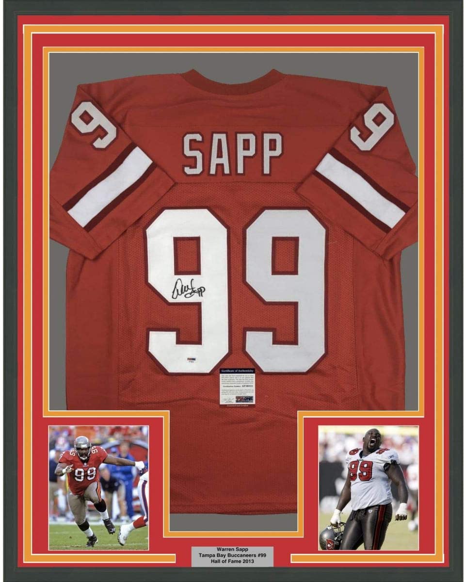 Framed Autographed/Signed Warren Sapp 35x39 Tampa Bay Orange Retro Football Jersey PSA/DNA COA