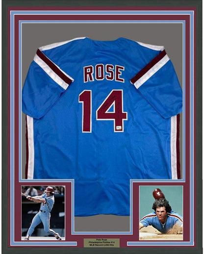 Framed Autographed/Signed Pete Rose 4256 35x39 Philadelphia Blue Baseball Jersey Athlete Hologram COA