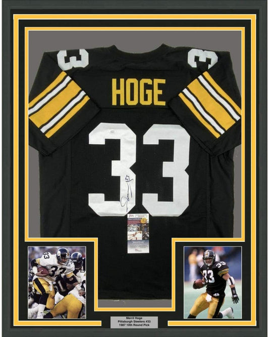Framed Autographed/Signed Merril Hoge 35x39 Pittsburgh Black Football Jersey JSA COA