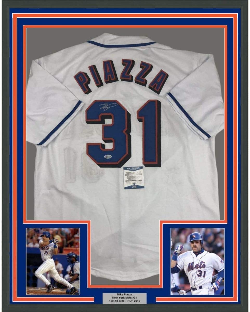 Framed Autographed/Signed Mike Piazza 35x39 New York NY White Baseball Jersey Beckett BAS COA
