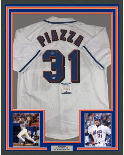 Framed Autographed/Signed Mike Piazza 35x39 New York NY White Baseball Jersey Beckett BAS COA