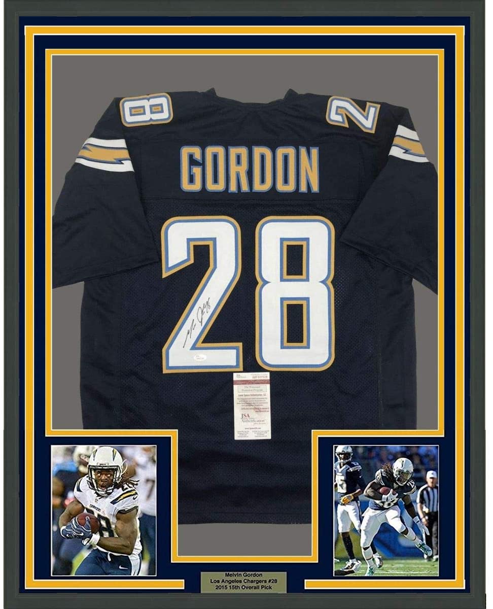 Framed Autographed/Signed Melvin Gordon 35x39 Los Angeles LA Dark Blue Football Jersey JSA COA