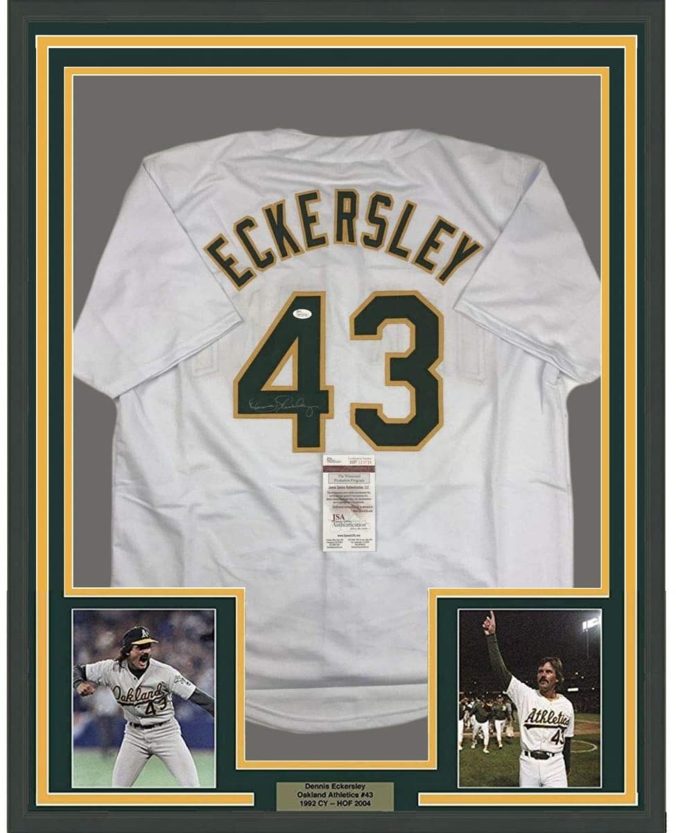 Framed Autographed/Signed Dennis Eckersley 35x39 Oakland White Baseball Jersey JSA COA