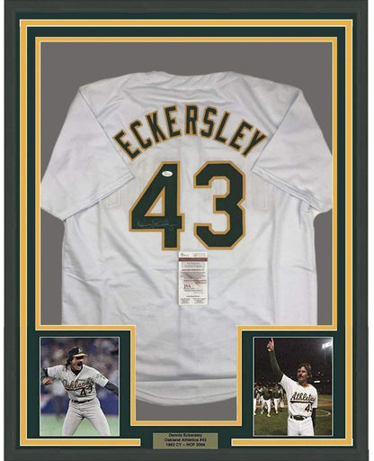 Framed Autographed/Signed Dennis Eckersley 35x39 Oakland White Baseball Jersey JSA COA